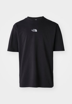 Black cotton t-shirt with short sleeves, crew neck, and small silver logo on the upper left chest. Smooth texture, relaxed fit.