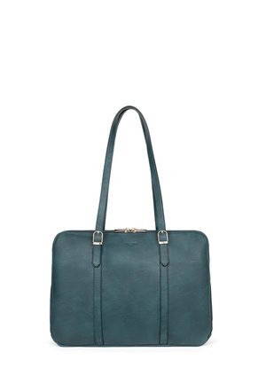 Turkooise leren handtas met twee dunne schouderbanden, gouden gespsdetails en een bovenkant met ritssluiting.