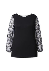 Czarna bluzka z długimi, przezroczystymi rękawami ozdobionymi białym i szarym wzorem kwiatowym. Okrągły dekolt, gładkie body i elastyczne mankiety na rękawach.