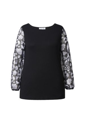 Top nero con maniche lunghe trasparenti caratterizzate da un motivo floreale in bianco e grigio. Scollo rotondo, corpo solido e polsini elastici sulle maniche.