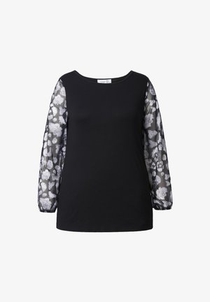 Musta paita, jossa pitkät läpikuultavat hihat valkoisella ja harmaalla kukkakuviolla. Pyöreä pääntie, yhtenäinen vartalo ja joustavat hihansuut.