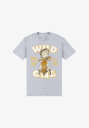 Grå bomulds t-shirt med et trykt design af en tegneseriefigur på en motorcykel, med teksten "WILD ONE" i gul.