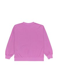 Sweat-shirt rose vif uni vu de dos avec manches longues et poignets et ourlet côtelés sur fond blanc.