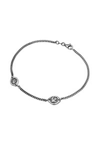 Silver chain bracelet featuring two oval links with engraved bird designs, polished texture, and a lobster clasp closure.