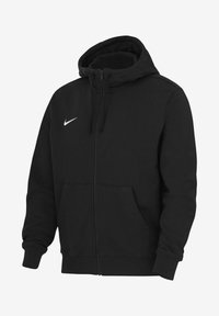 Sudadera con cremallera negra, con bolsillos frontales, capucha con cordón y logo de Nike en blanco en el lado izquierdo del pecho.