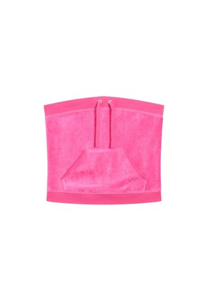 Felroze tube top met voorvak kangoeroezak, aantrekkoord en klein genaaid logo vlakbij de rechtsonderhoek van het vak.