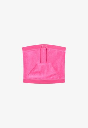 Felroze tube top met voorvak kangoeroezak, aantrekkoord en klein genaaid logo vlakbij de rechtsonderhoek van het vak.