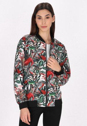 Bomber jacket dengan cetakan tropis berwarna-warni yang menampilkan flamingo merah dan daun hijau. Cuff ribbed hitam dan penutupan ritsleting depan.
