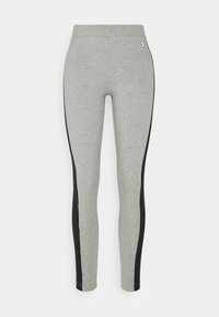 Leggings grigi con una striscia nera laterale, dotati di una cintura elastica e di un piccolo logo nella parte superiore sinistra, realizzati in un tessuto morbido.