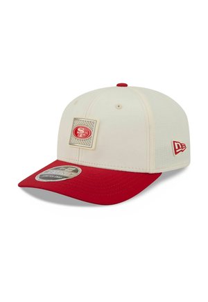 White and red baseball cap with San Francisco 49ers logo on front and New Era logo on side, featuring a curved red brim.