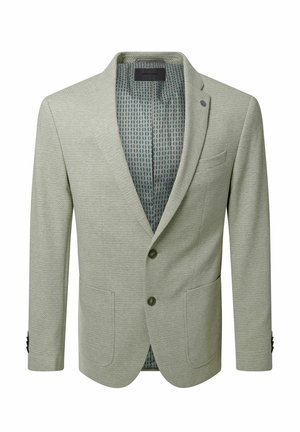 Hellgrauer, strukturierter Herrenblazer mit Kerbkragen, zwei Knöpfen, aufgesetzten Taschen und gemustertem Innenfutter.