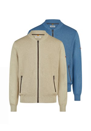 Due maglioni con cerniera a collo alto, uno beige davanti e uno blu dietro, entrambi con tasche frontali con cerniera e polsini e orli a coste.