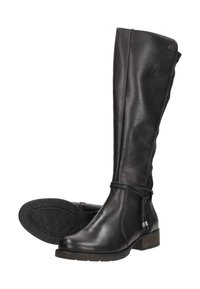 Bottes en cuir noir jusqu'au genou avec une finition lisse, bout rond et un petit talon empilé. Présentent un détail de lien sur le côté et une semelle en caoutchouc texturé.