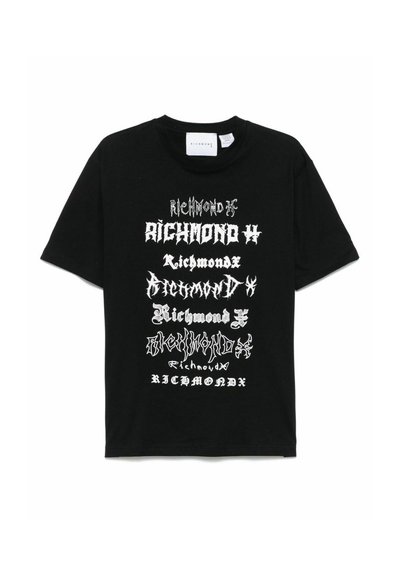 T-shirt in cotone nero con diverse stampe grafiche bianche della parola "Richmond" in vari stili e caratteri. Maniche corte, colletto tondo.
