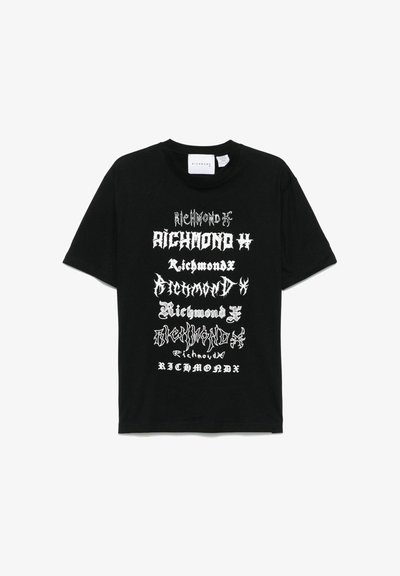 T-shirt in cotone nero con diverse stampe grafiche bianche della parola "Richmond" in vari stili e caratteri. Maniche corte, colletto tondo.
