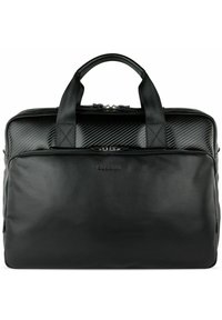 Black leather briefcase with a textured carbon fiber top, dual handles, and a zipper closure. Features a smooth finish and minimal branding.