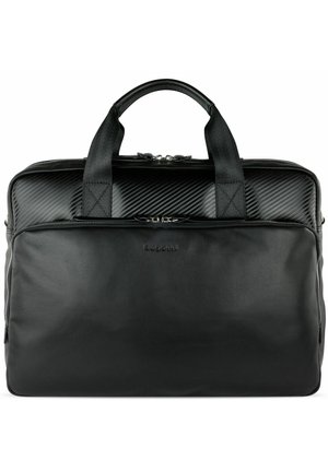 Black leather briefcase with a textured carbon fiber top, dual handles, and a zipper closure. Features a smooth finish and minimal branding.