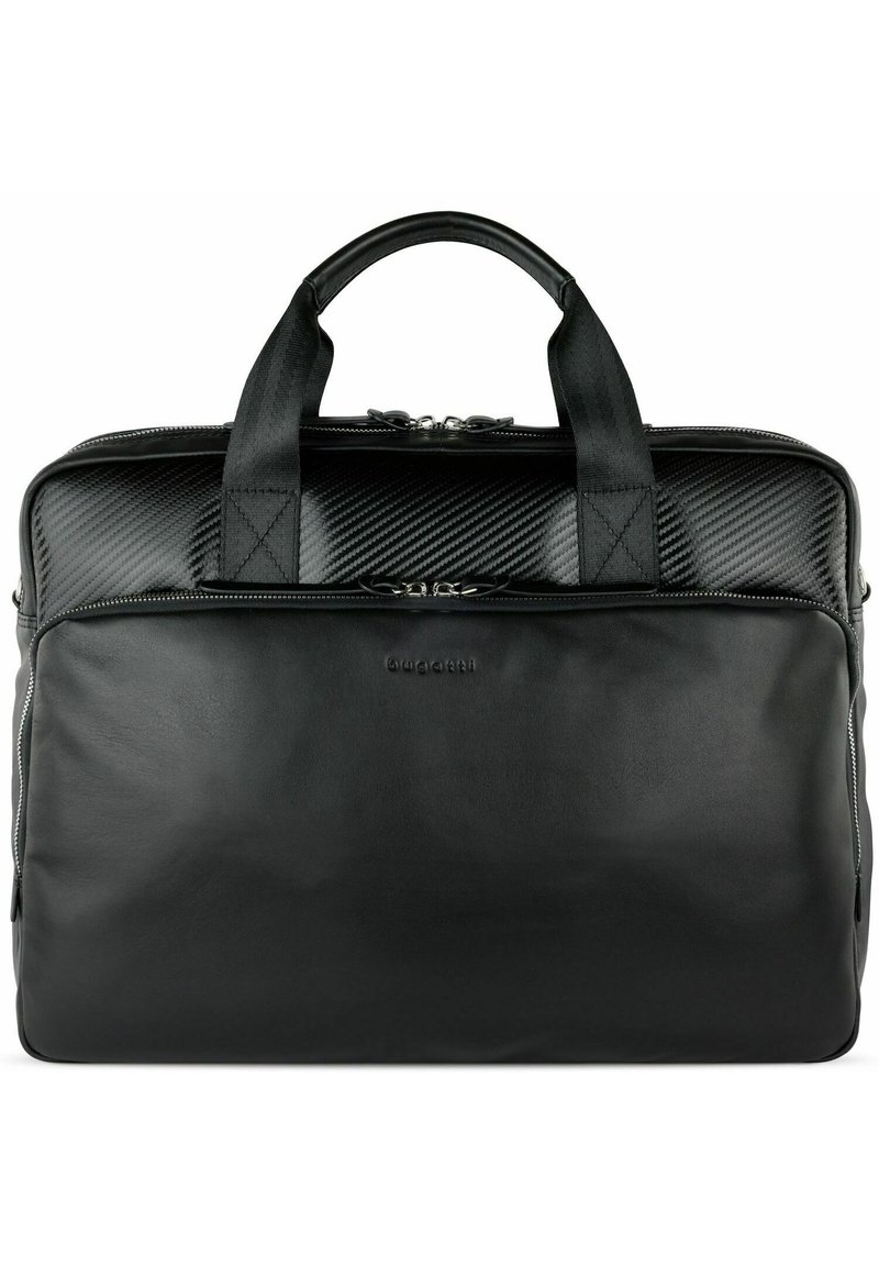 Black leather briefcase with a textured carbon fiber top, dual handles, and a zipper closure. Features a smooth finish and minimal branding.