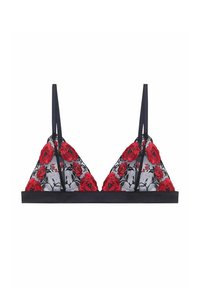 Black lace bralette featuring red floral embroidery, triangular cups, and thin straps. The band is solid black with a smooth texture.