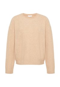 Beiger Pullover mit weicher Textur, rundem Ausschnitt und langen Ärmeln. Verfügt über einen lässigen Schnitt sowie gerippte Bündchen und Saum.