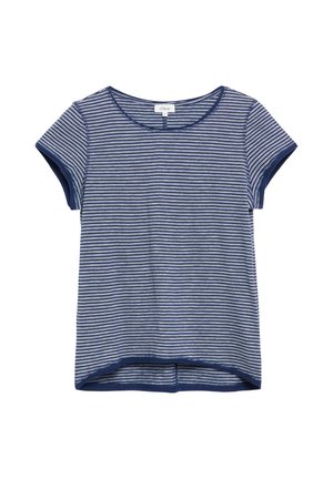 Kurzärmliges T-Shirt in Marineblau und Weiß gestreift mit rundem Ausschnitt und leicht geschwungenem Saum.