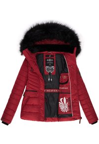 Red puffer jacket with a black faux fur hood, zip pockets, and ribbed cuffs. Lined with a black interior featuring logos and patterns.