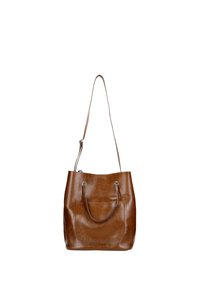 Borsa tote in pelle marrone con superficie testurizzata, tracolla regolabile e due manici frontali; include una tasca esterna senza motivi visibili.