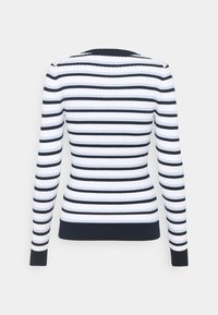 Maglione a maniche lunghe a coste con righe orizzontali nere, bianche e azzurro chiaro, dotato di colletto, polsini e vita neri.