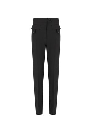 Pantaloni neri a vita alta su misura con chiusura frontale con bottoni e due tasche con pattina, gambe aderenti e rastremate, stile formale.