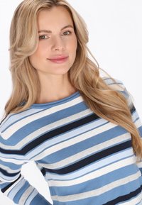 Jersey de rayas azul claro con bandas horizontales alternas en azul oscuro, gris y blanco, tejido con textura y cuello redondo.