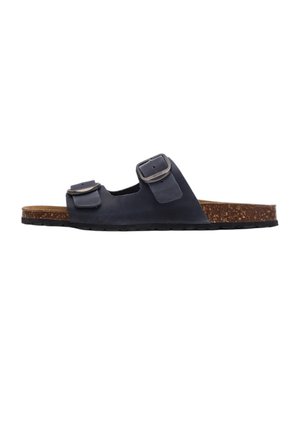 Sandalia azul marino sin cordones con dos correas ajustables con hebilla, plantilla de corcho y suela negra texturizada, vista desde un lado.