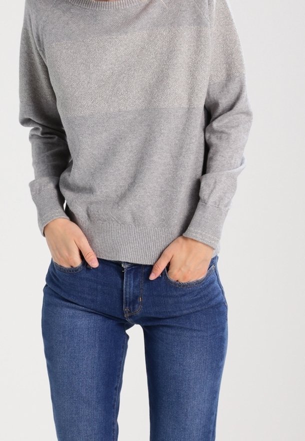 Adulte portant un pull à manches longues gris clair et un jean bleu, les mains dans les poches avant, debout devant un arrière-plan neutre.