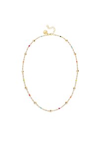 Collana in tono oro con una delicata catena e perline colorate in rosa, verde, arancione, blu e nero, e un gancio a omega con estensione.