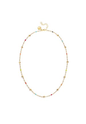 Collar en tono dorado con una delicada cadena adornada con cuentas de colores en rosa, verde, naranja, azul y negro, y un cierre de langosta con extensión.