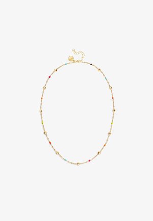 Halskette in Goldfarbe mit einer zarten Kette und bunten Perlen in Pink, Grün, Orange, Blau und Schwarz sowie einem Karabinerverschluss mit Verlängerung.