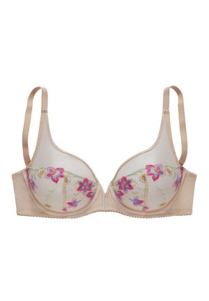 Beige bra with sheer cups featuring floral embroidery in pink, blue, and green. Smooth straps and adjustable hook-and-eye back closure.