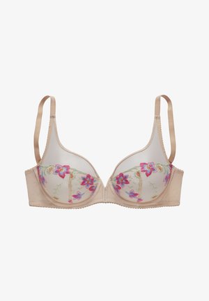 Beez bra, mille pehmete karvikute ja lillede tikanditega roosa, sinine ja roheline. Siledad rihmad ja reguleeritav käewisega kinnitamine seljaosas.