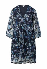 Vestido azul marino con estampado floral, mangas transparentes, bordado floral intrincado en tonos de azul y plata, y escote en V. Textura suave y diseño fluido.