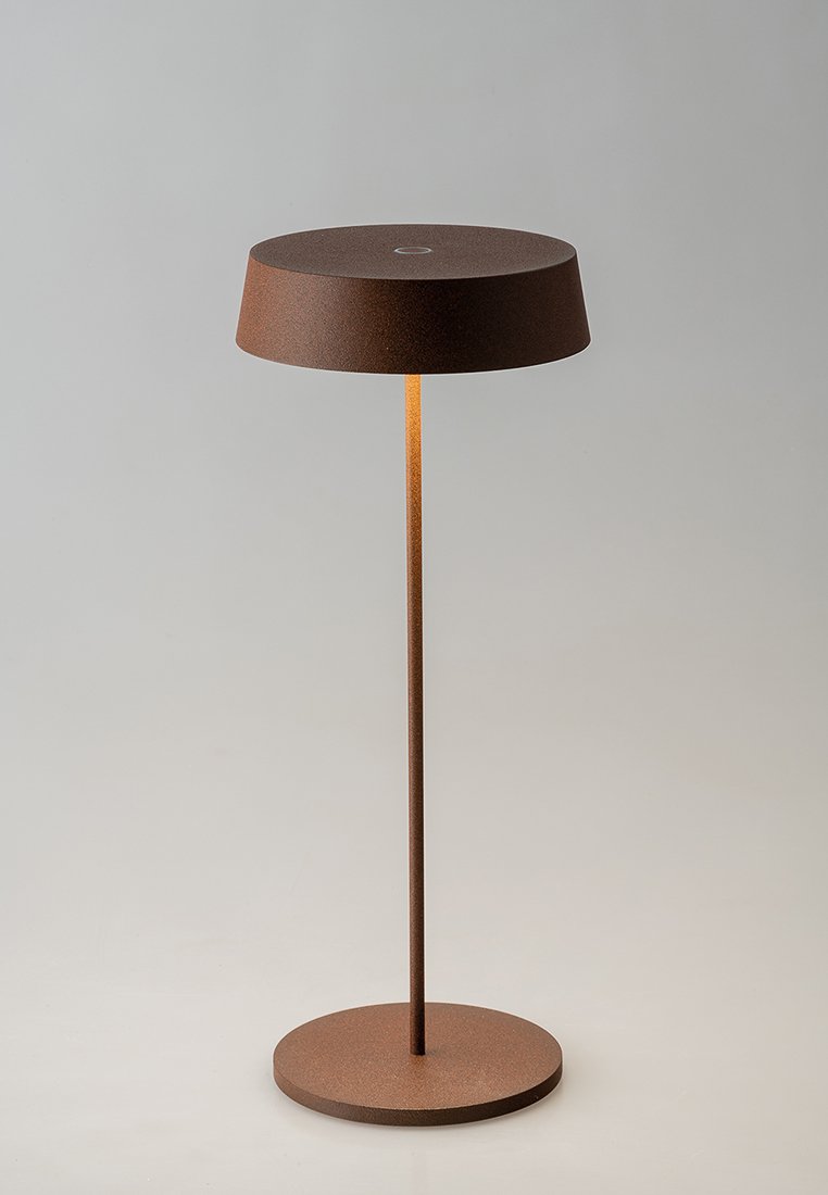 Brązowa metalowa lampa podłogowa z cylindryczną podstawą i słupkiem, zakończona szerokim, płaskim kloszem. Gładka textura i minimalistyczny design.