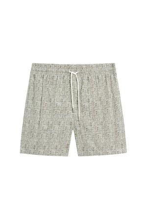 Short de bain gris clair avec un motif discret de carrés et de lignes, taille élastique et cordon blanc à nouer à l'avant.