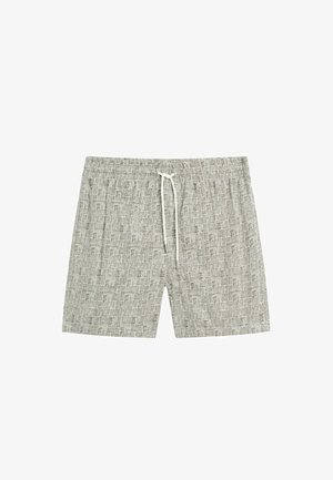 Short de bain gris clair avec un motif discret de carrés et de lignes, taille élastique et cordon blanc à nouer à l'avant.
