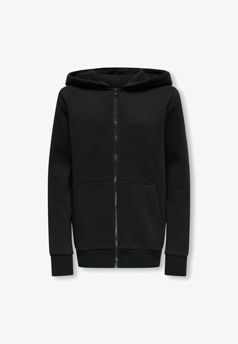 Felpa nera con zip realizzata in tessuto morbido. Presenta una tasca frontale, polsini a coste e un cappuccio foderato. Design semplice e minimalista.