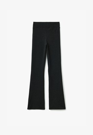Sorte flared leggings med bred talje, lavet af blødt, strækbart materiale, med en glat overflade og minimalistisk design.