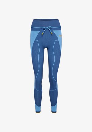 Blauwe sportlegging met een gestructureerd breipatroon, contrasterende lichtblauwe accenten en een verstelbare taillekoord.