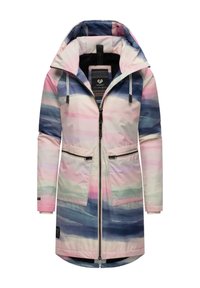 Parka lunga colorata con un motivo a onde nelle tonalità di rosa, blu e verde, dotata di tasche con zip e cappuccio. Realizzata in materiale resistente all'acqua.