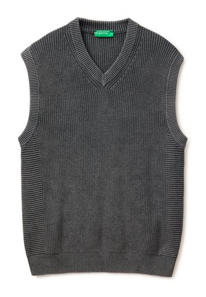 Dunkelgraue ärmellose gestrickte Sweaterweste mit V-Ausschnitt und gerippten Kanten, mit einem grünen „United Colors of Benetton“-Label innen am Kragen.