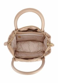 Beżowa torebka z gładką powierzchnią i zaokrąglonymi uchwytami. Wnętrze z wzorzystą podszewką i kieszenią na zamek. Akcenty z hardware w odcieniu złota.