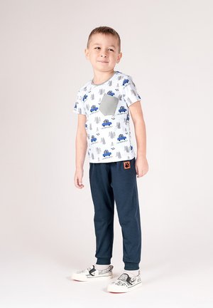 Biały t-shirt z krótkim rękawem z niebieskimi wzorami samochodu i drzewa, szara kieszeń. Ciemnogranatowe spodnie z pomarańczową łatą w kształcie łapy. Jasne buty z graficznym wzorem.