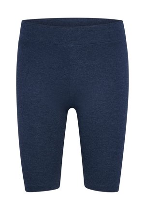 Marineblaue Sportshorts, in mittellanger Länge bis zum Oberschenkel, aus dehnbarem, strukturiertem Stoff mit einem elastischen Bund und ohne sichtbare Nähte.