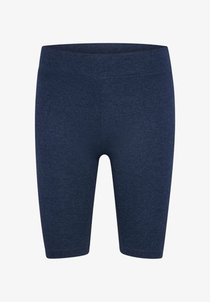 Marineblauwe sportshorts, tot halverwege de dij, gemaakt van rekbare, gestructureerde stof met een rekbare tailleband en geen zichtbare naden.